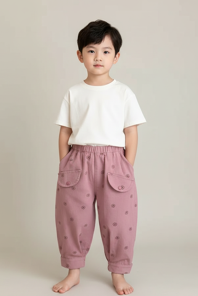 Pantalon Fluide Rose Fleur Ample Coton Enfant