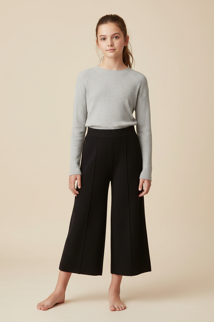Pantalon Fluide Noir Ample Tricoté Fille Décontracté - Maille