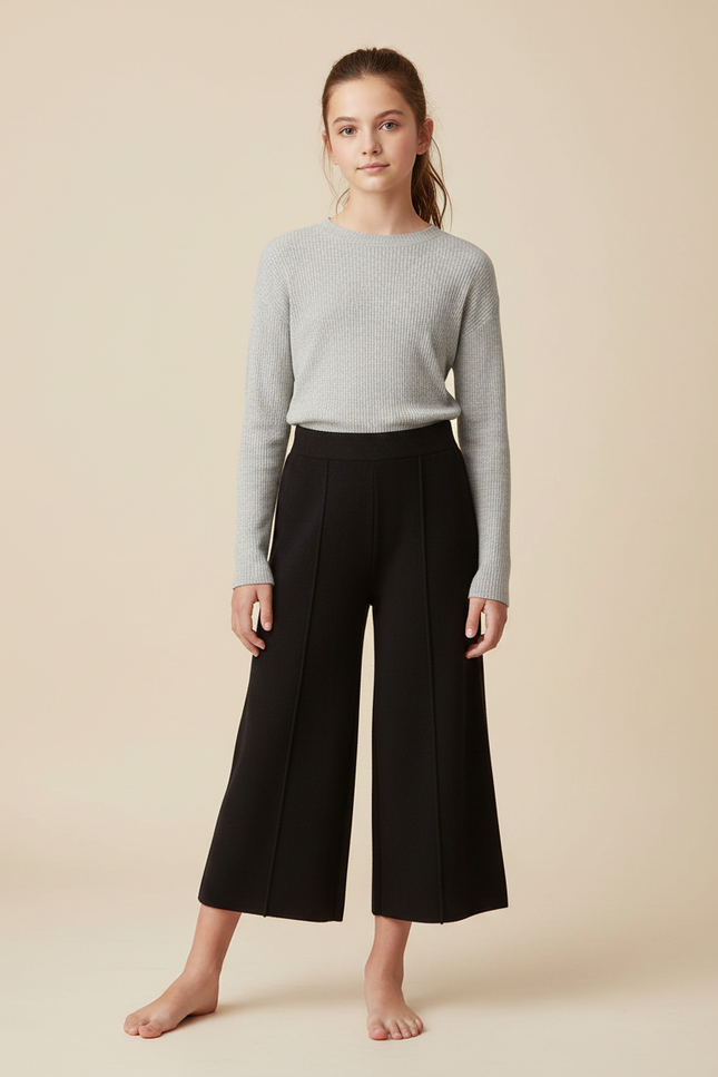 Pantalon Fluide Noir Ample Tricoté Fille Décontracté - Maille