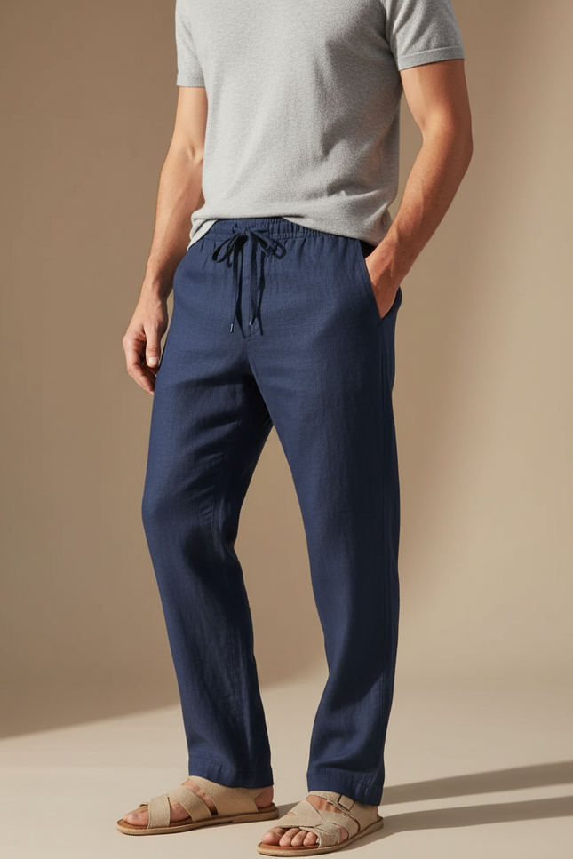 Pantalon Fluide Bleu Marine Lin Homme Décontracté Léger