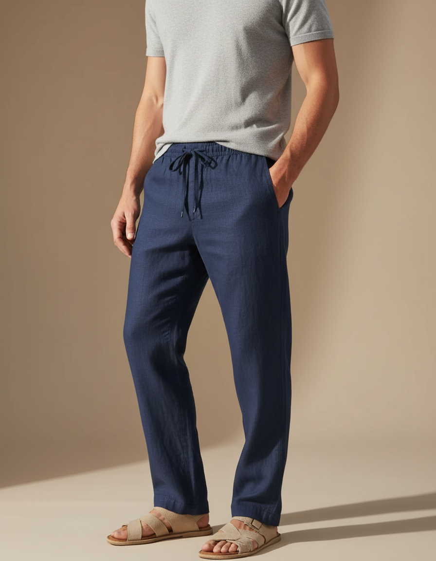 Pantalon Fluide Bleu Marine Lin Homme Décontracté Léger