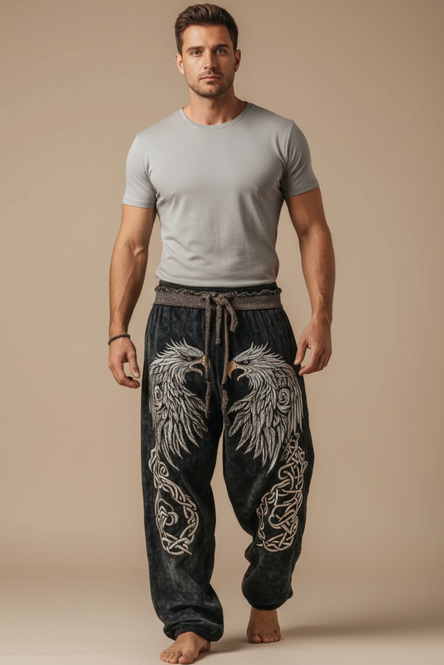 Pantalon Fluide Noir Brodé Aigle Viking Ample Homme - Velours