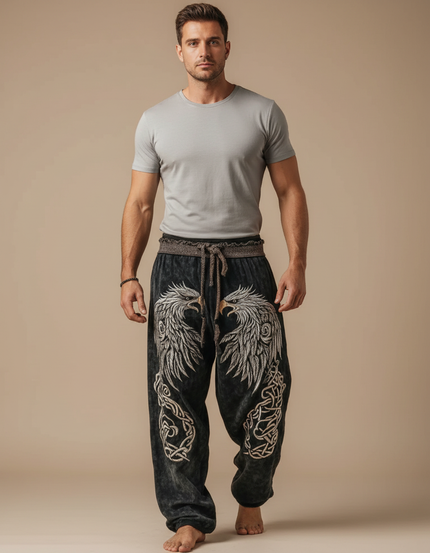 Pantalon Fluide Noir Brodé Aigle Viking Ample Homme - Velours