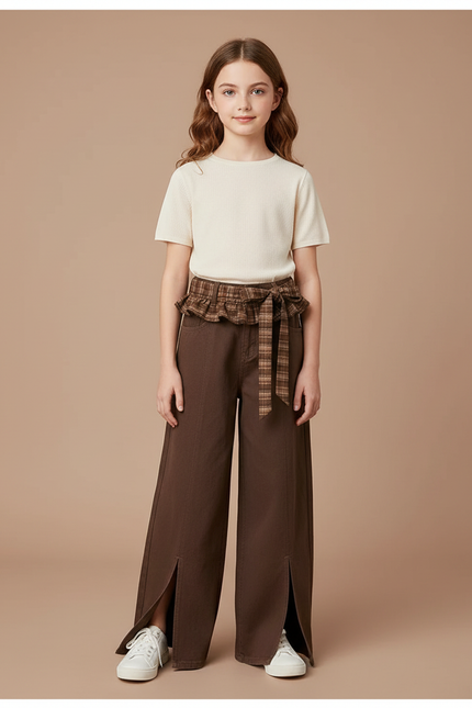 Pantalon Fluide Marron Ample Ceinture Plaid Fille - Gabardine