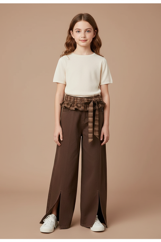 Pantalon Fluide Marron Ample Ceinture Plaid Fille - Gabardine