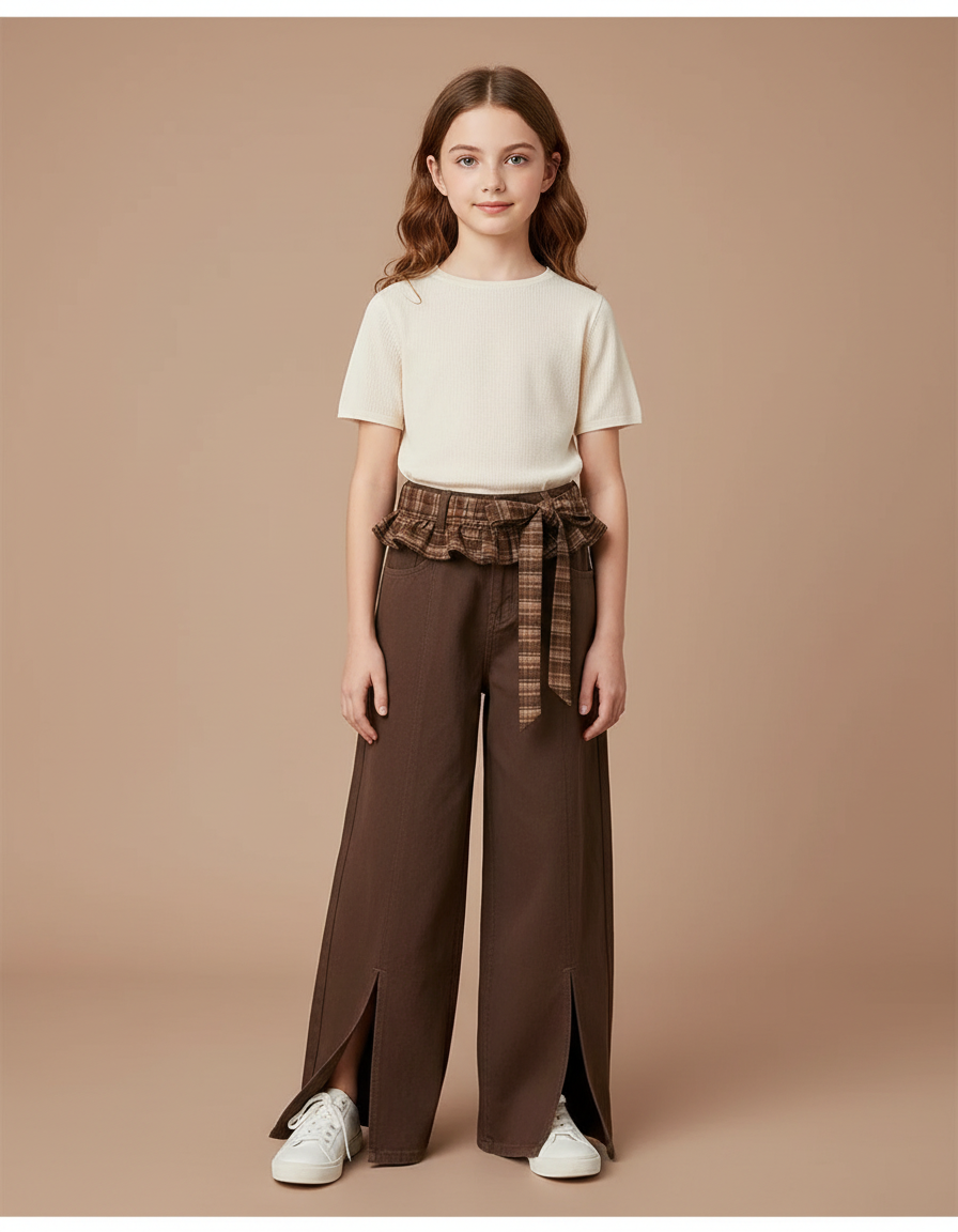 Pantalon Fluide Marron Ample Ceinture Plaid Fille - Gabardine