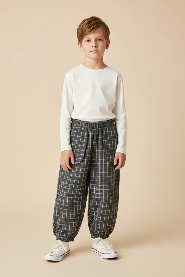 Pantalon Fluide Carreaux Gris Ample Garçon Décontracté - Tweed