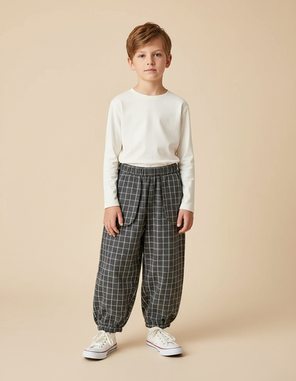 Pantalon Fluide Carreaux Gris Ample Garçon Décontracté - Tweed