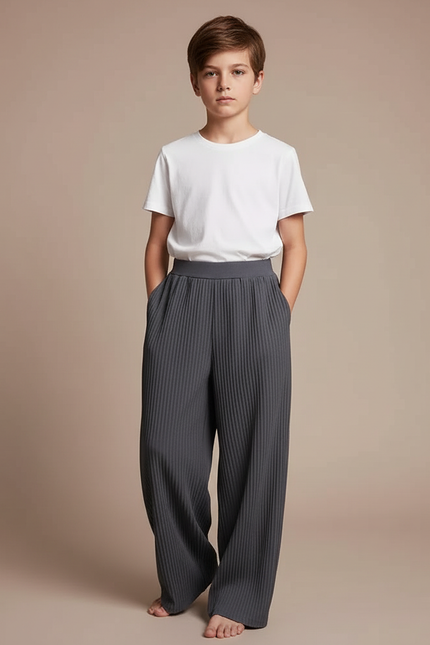 Pantalon Fluide Plissé Gris Ample Décontracté Enfant - Polyester
