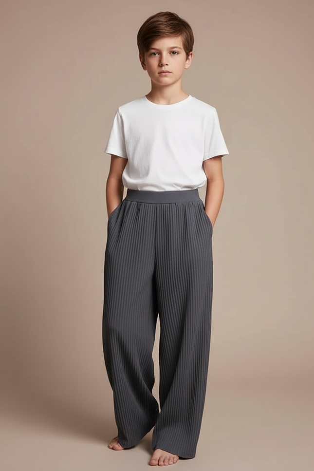 Pantalon Fluide Plissé Gris Ample Décontracté Enfant - Polyester