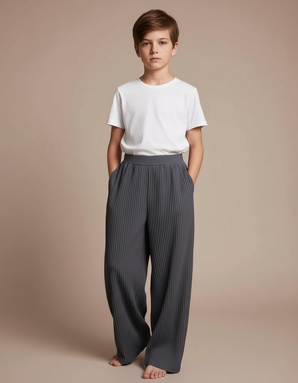 Pantalon Fluide Plissé Gris Ample Décontracté Enfant - Polyester