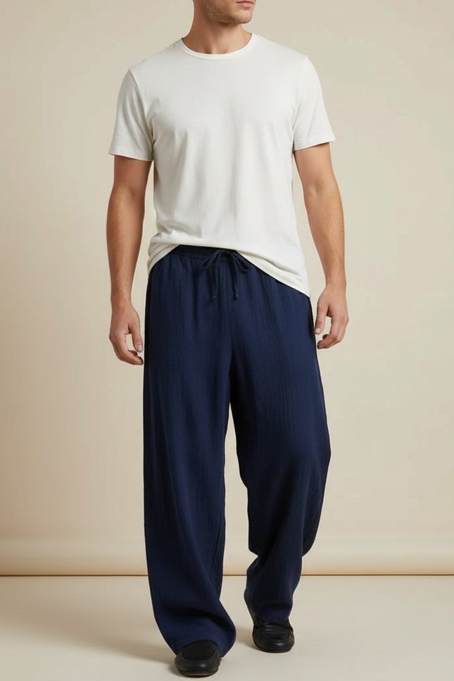 Pantalon Fluide Bleu Marine Ample Coton Lin Casual