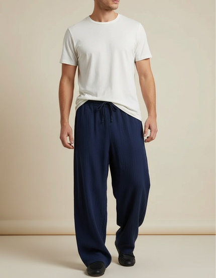 Pantalon Fluide Bleu Marine Ample Coton Lin Casual