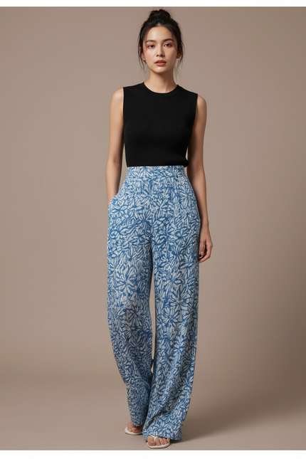 Pantalon Fluide Bleu Floral Ample Plissé Femme - Viscose