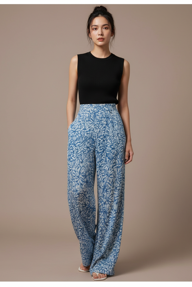 Pantalon Fluide Bleu Floral Ample Plissé Femme - Viscose