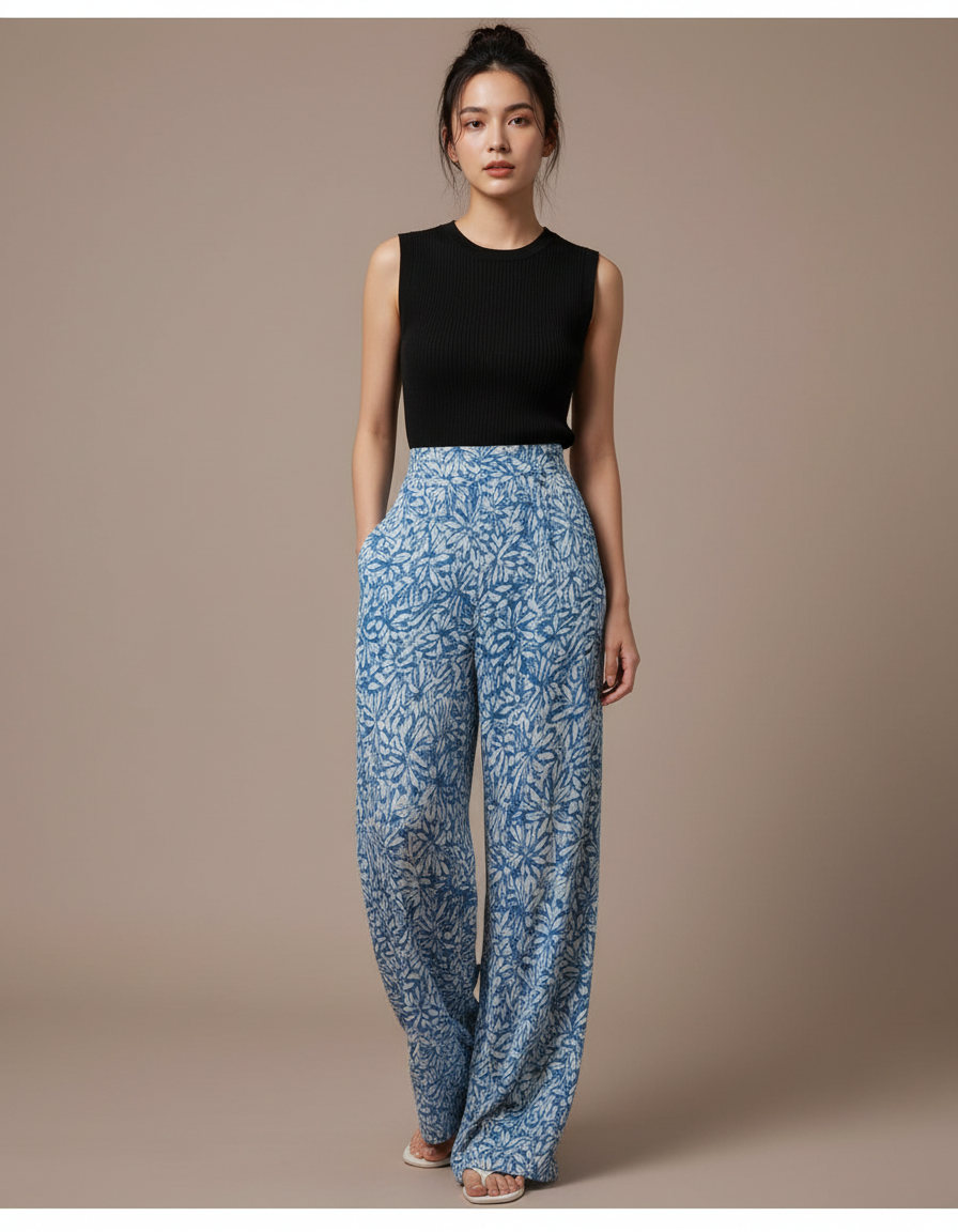 Pantalon Fluide Bleu Floral Ample Plissé Femme - Viscose