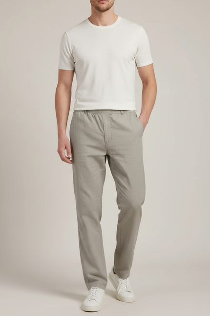 Pantalon Fluide Gris Coton Droit Confortable Homme - Lin