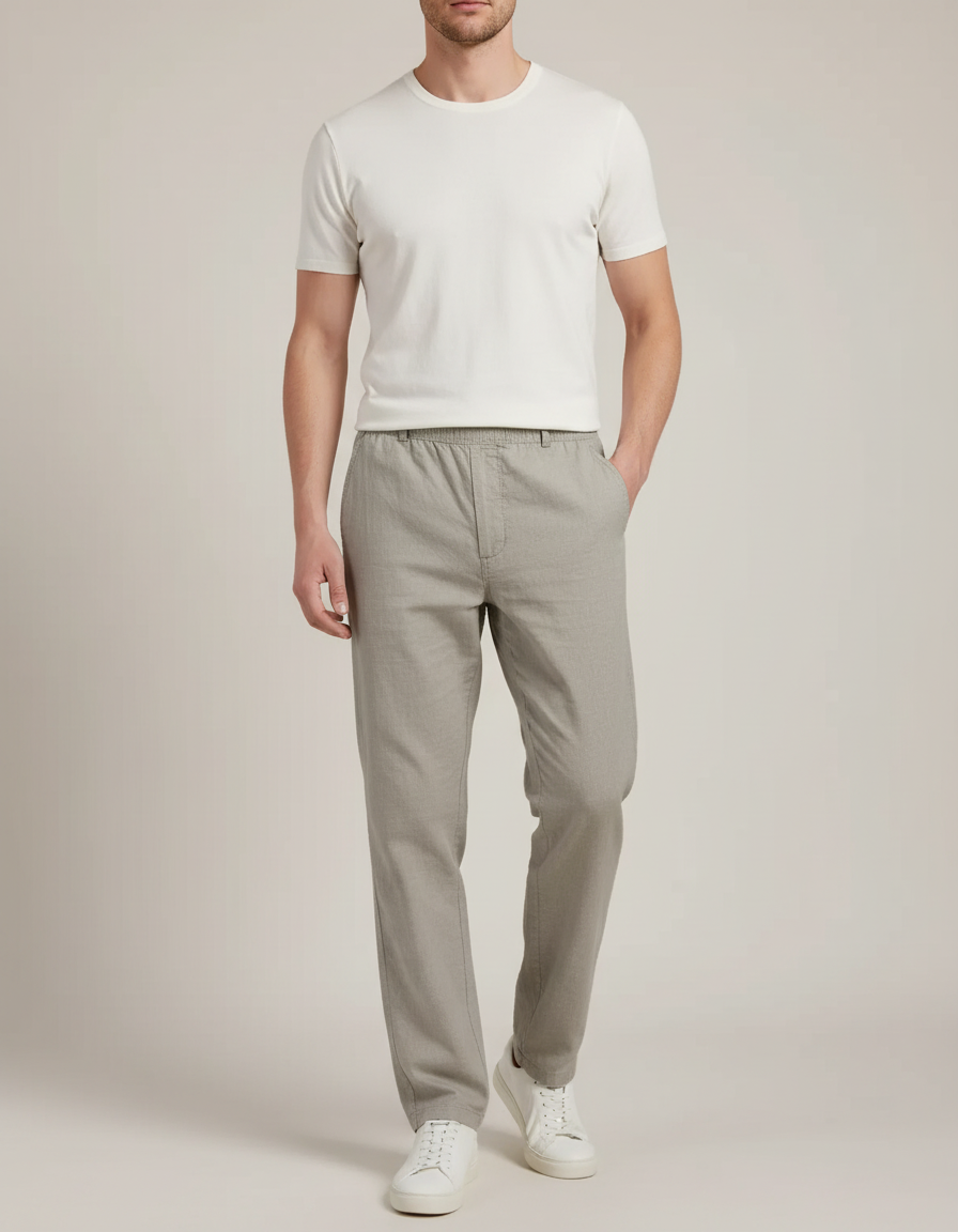 Pantalon Fluide Gris Coton Droit Confortable Homme - Lin