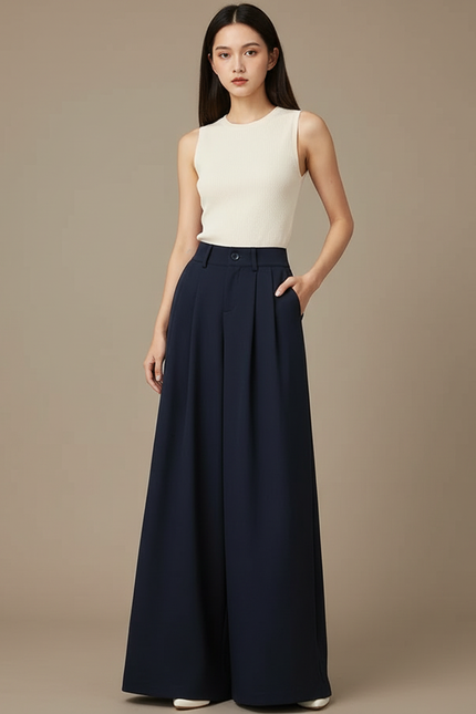 Pantalon Fluide Bleu Marine Ample Plissé Élégant - Viscose