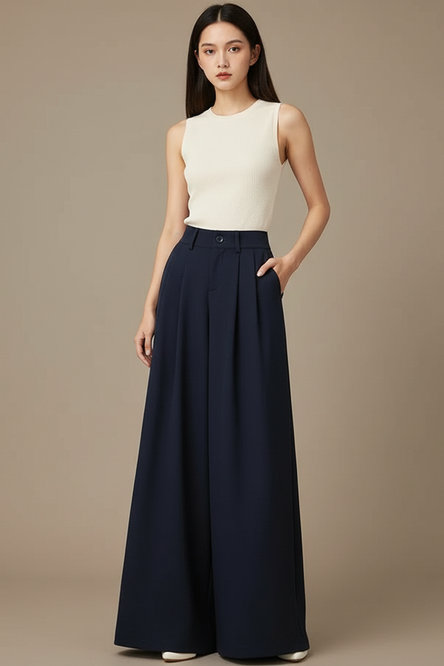 Pantalon Fluide Bleu Marine Ample Plissé Élégant - Viscose