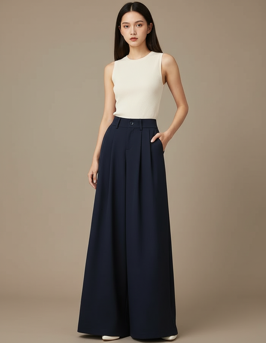 Pantalon Fluide Bleu Marine Ample Plissé Élégant - Viscose