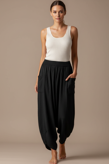 Pantalon Fluide Noir Ample Coton Harem Confortable