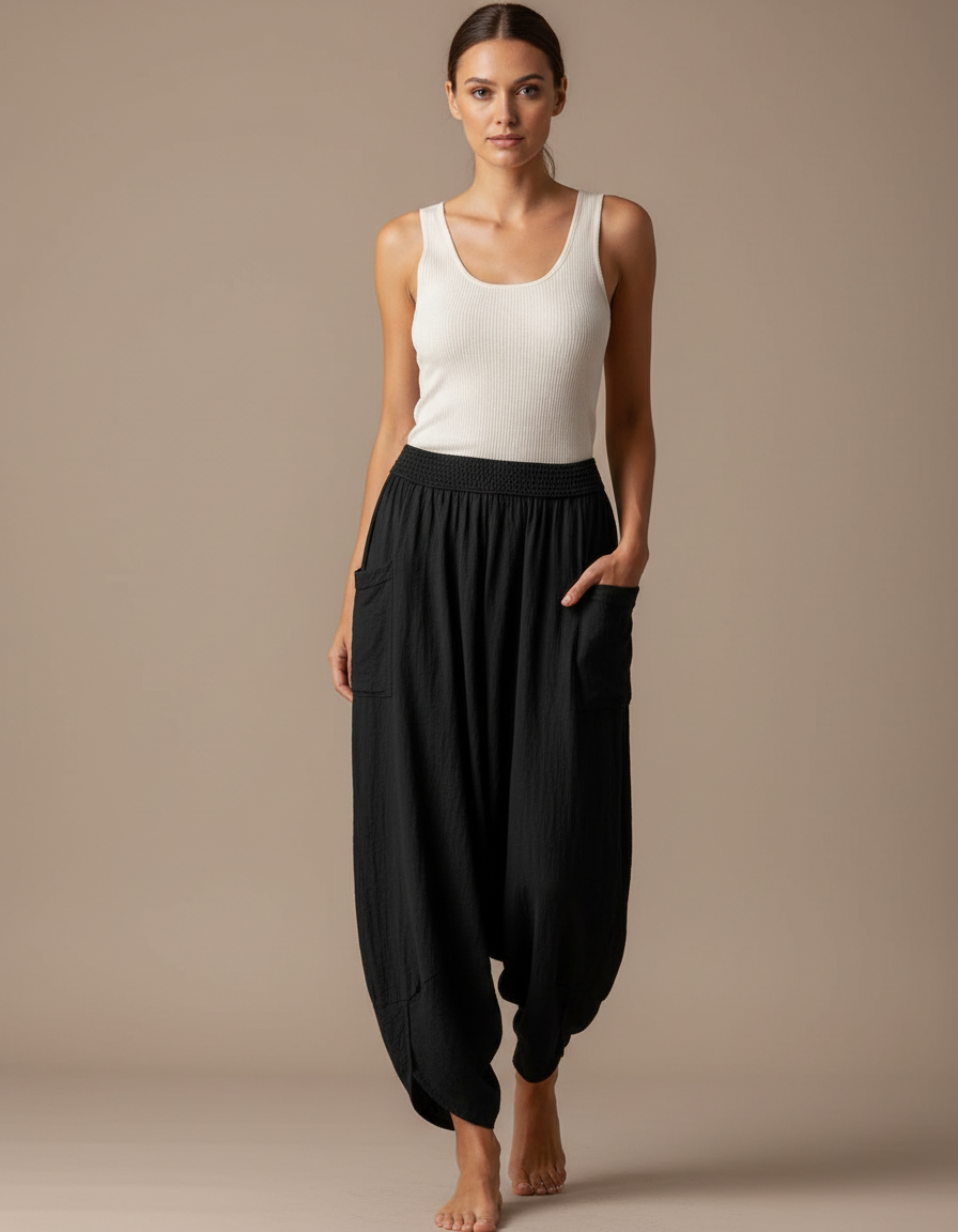 Pantalon Fluide Noir Ample Coton Harem Confortable