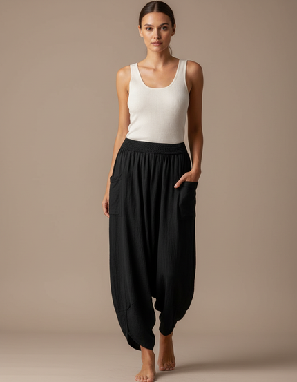 Pantalon Fluide Noir Ample Coton Harem Confortable
