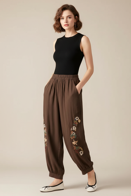 Pantalon Fluide Marron Brodé Ample Confortable Élastique - Lin