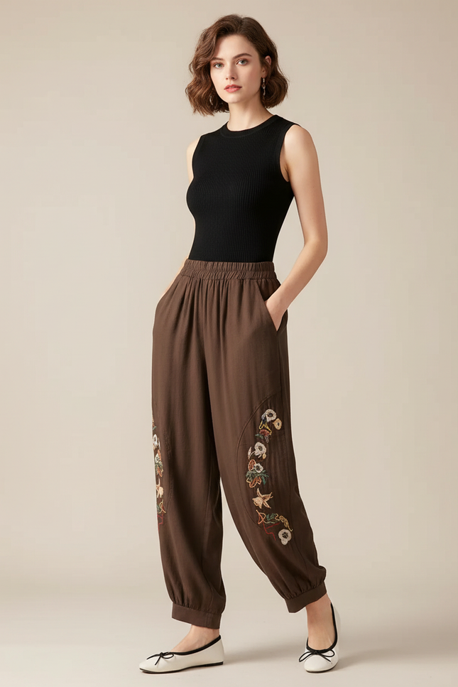 Pantalon Fluide Marron Brodé Ample Confortable Élastique - Lin
