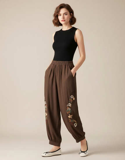 Pantalon Fluide Marron Brodé Ample Confortable Élastique - Lin