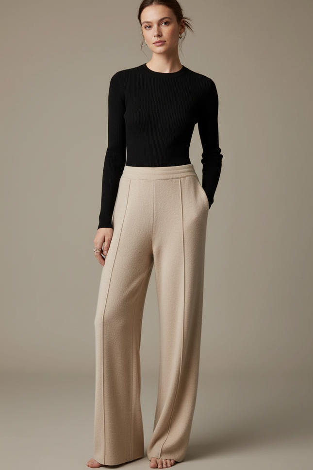 Pantalon Fluide Beige Laine Ample Décontracté Élégant