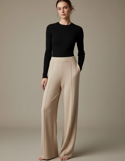 Pantalon Fluide Beige Laine Ample Décontracté Élégant