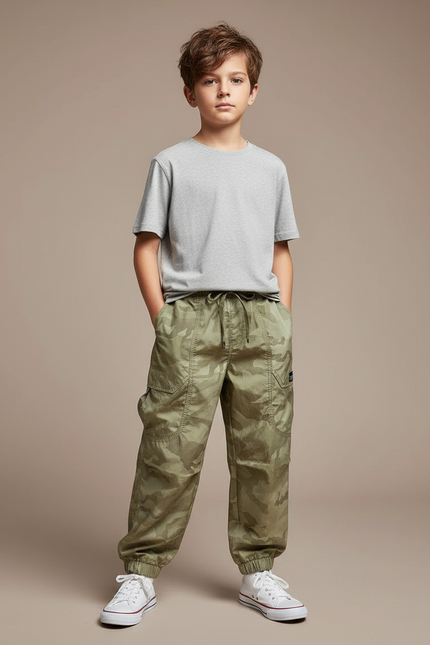 Pantalon Fluide Camouflage Kaki Ample Cargo Garçon - Polyester