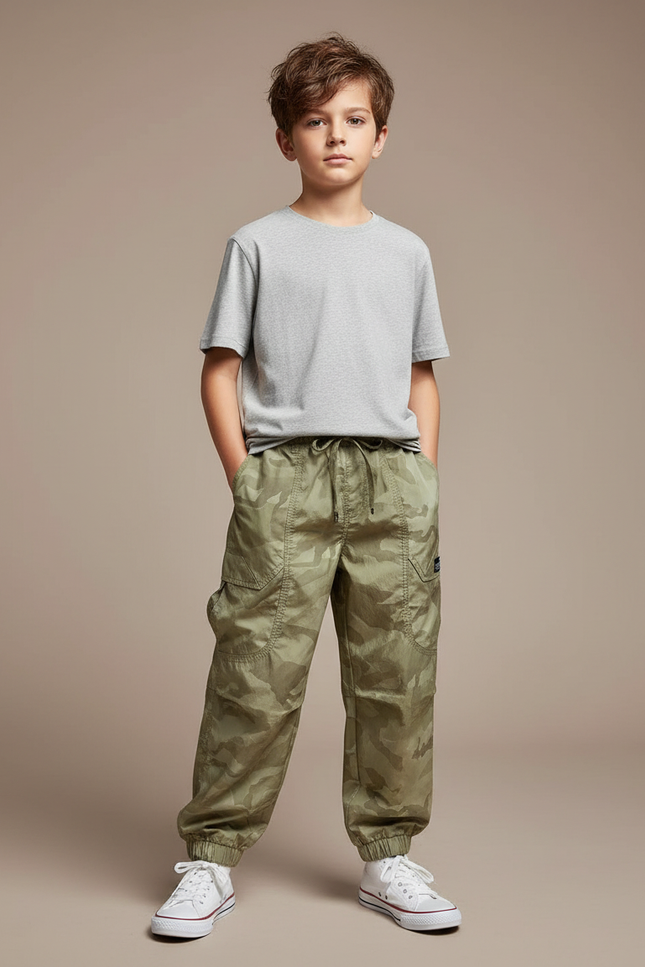 Pantalon Fluide Camouflage Kaki Ample Cargo Garçon - Polyester