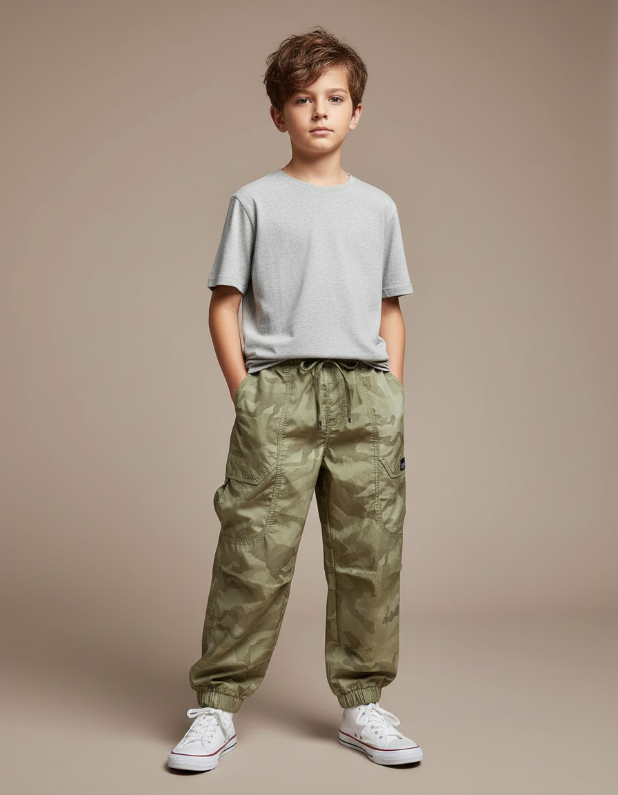 Pantalon Fluide Camouflage Kaki Ample Cargo Garçon - Polyester