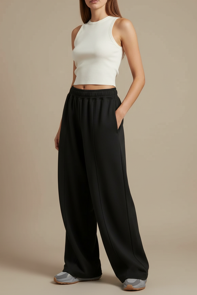 Pantalon Fluide Noir Ample Taille Haute Sport - Molleton