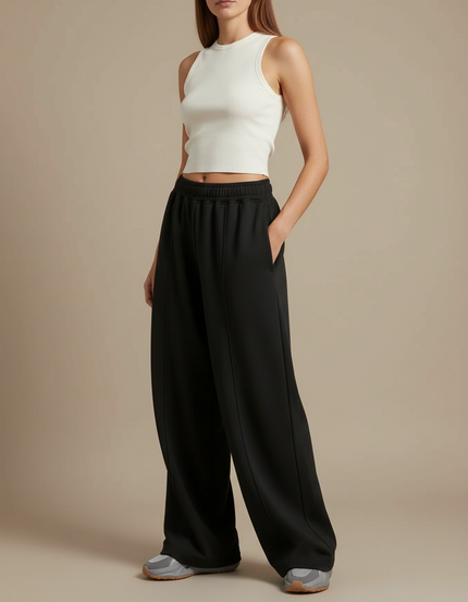 Pantalon Fluide Noir Ample Taille Haute Sport - Molleton