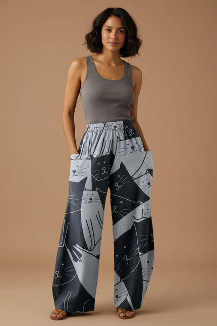 Pantalon Fluide Imprimé Chats Ample Décontracté Noir Gris - Viscose