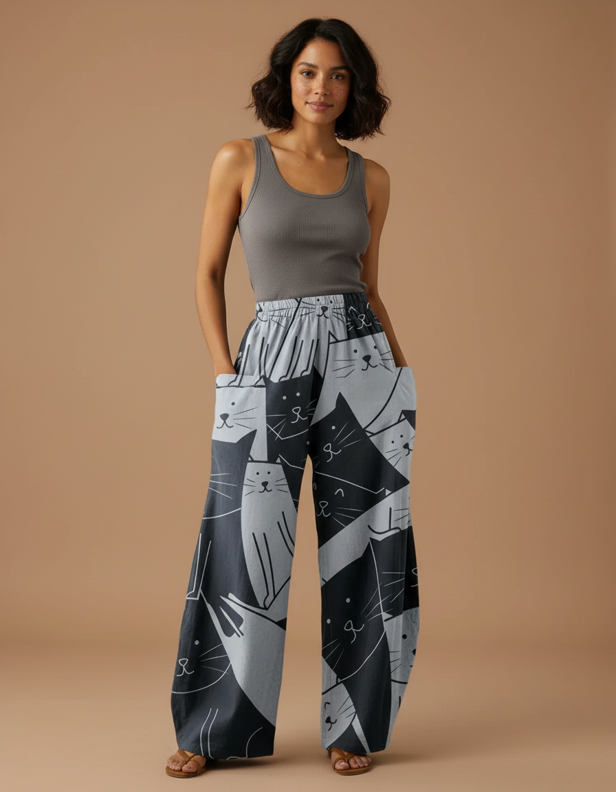 Pantalon Fluide Imprimé Chats Ample Décontracté Noir Gris - Viscose