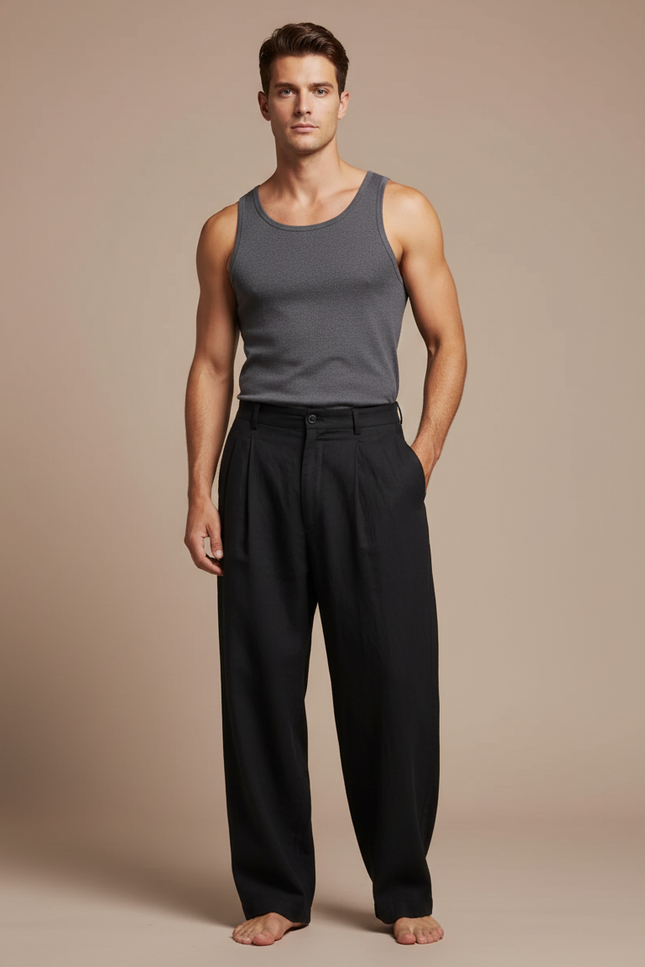 Pantalon Fluide Noir Plissé Ample Lin Homme