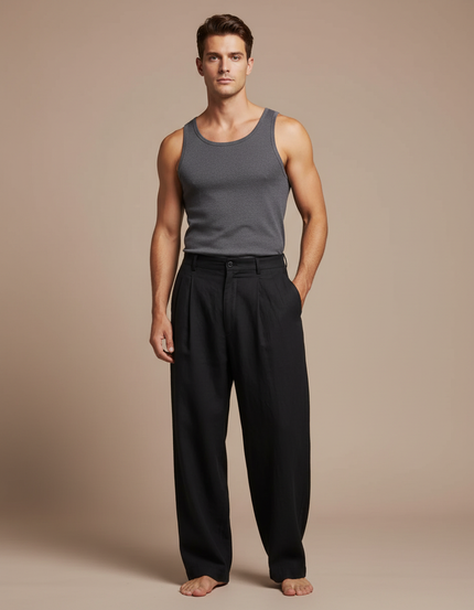 Pantalon Fluide Noir Plissé Ample Lin Homme