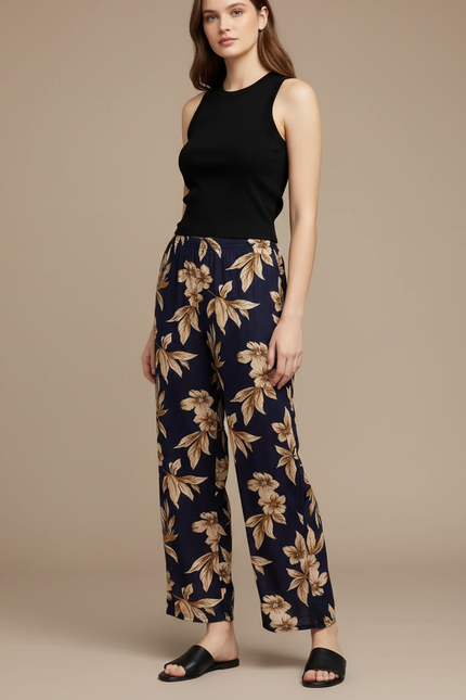 Pantalon Fluide Fleurie Femme - Marine Viscose