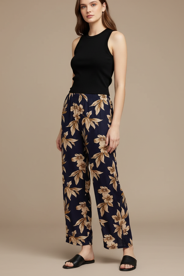 Pantalon Fluide Fleurie Femme - Marine Viscose