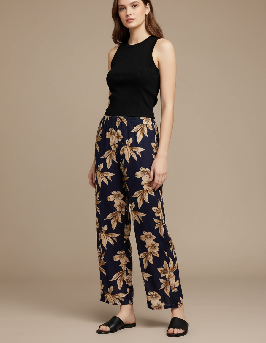 Pantalon Fluide Fleurie Femme - Marine Viscose