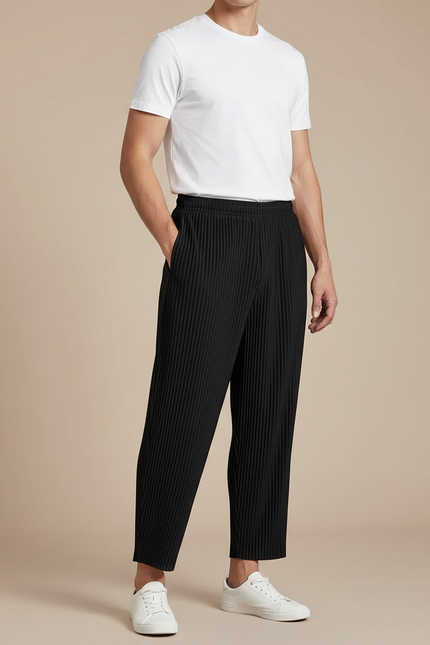 Pantalon Fluide Noir Plissé Ample Décontracté Homme Coton