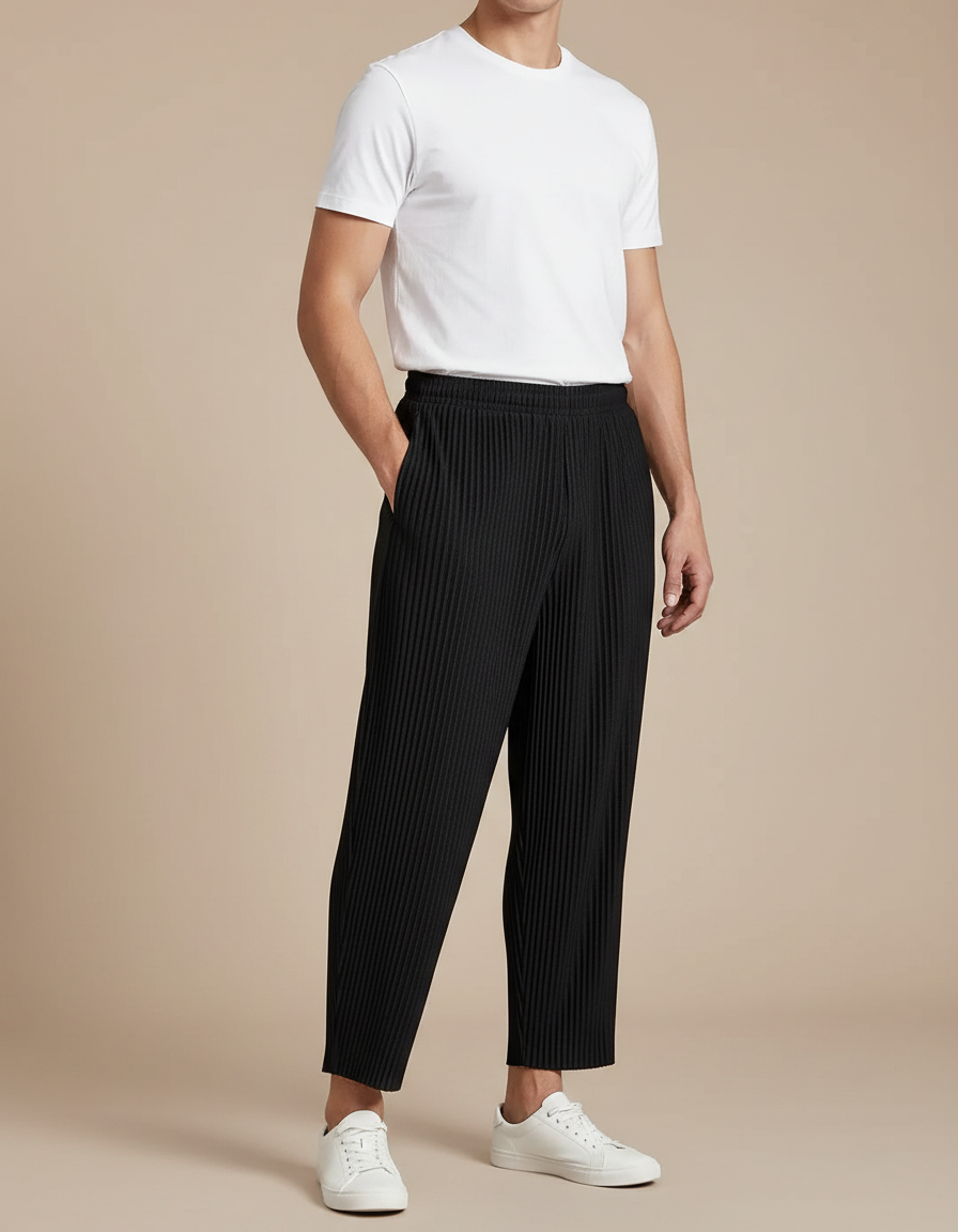 Pantalon Fluide Noir Plissé Ample Décontracté Homme Coton
