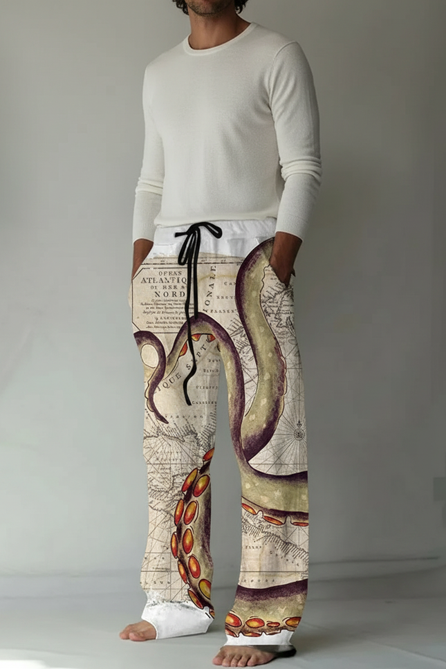 Pantalon Fluide Imprimé Poulpe Vintage Ample Homme - Polyester