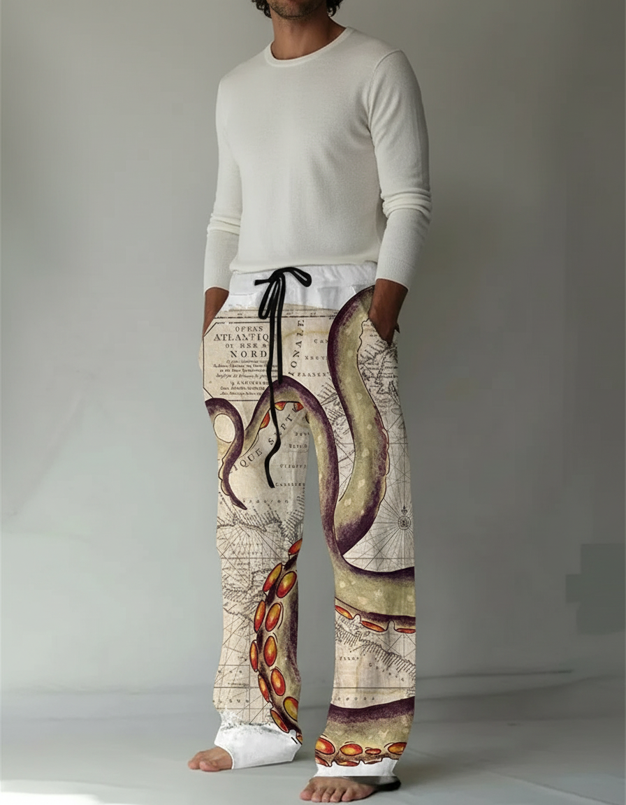 Pantalon Fluide Imprimé Poulpe Vintage Ample Homme - Polyester