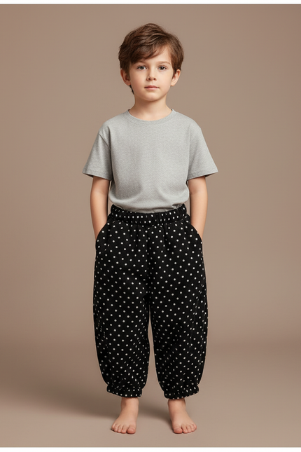 Pantalon Fluide Noir A Pois Blanc - Cordé